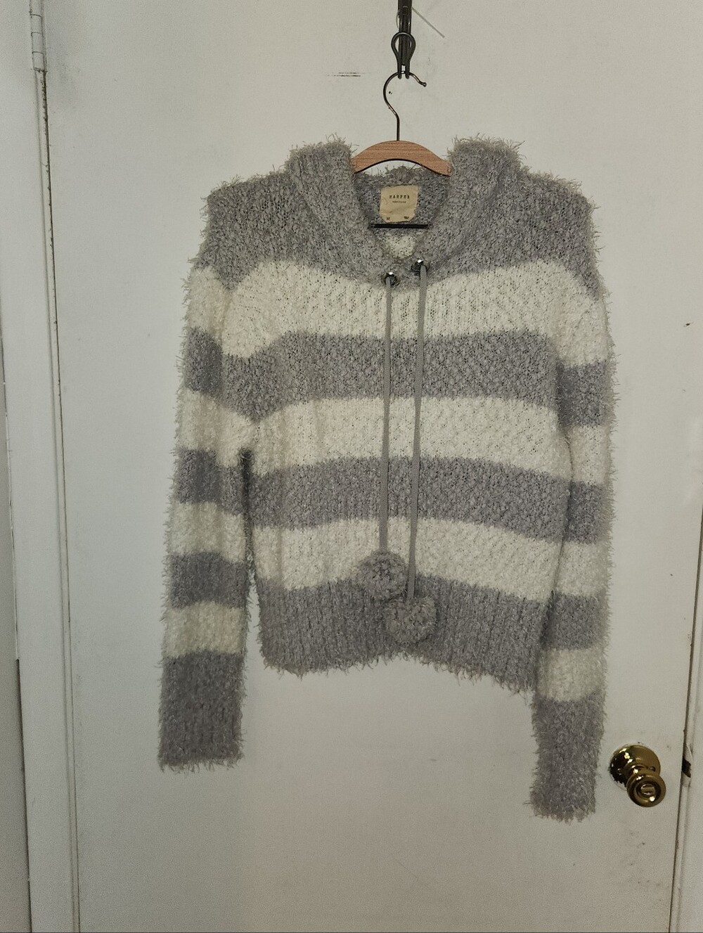 Y2K Coquette/Fairycore: Harper Cozy Striped Hooded Fuzzy Sweater - Gray & Cream